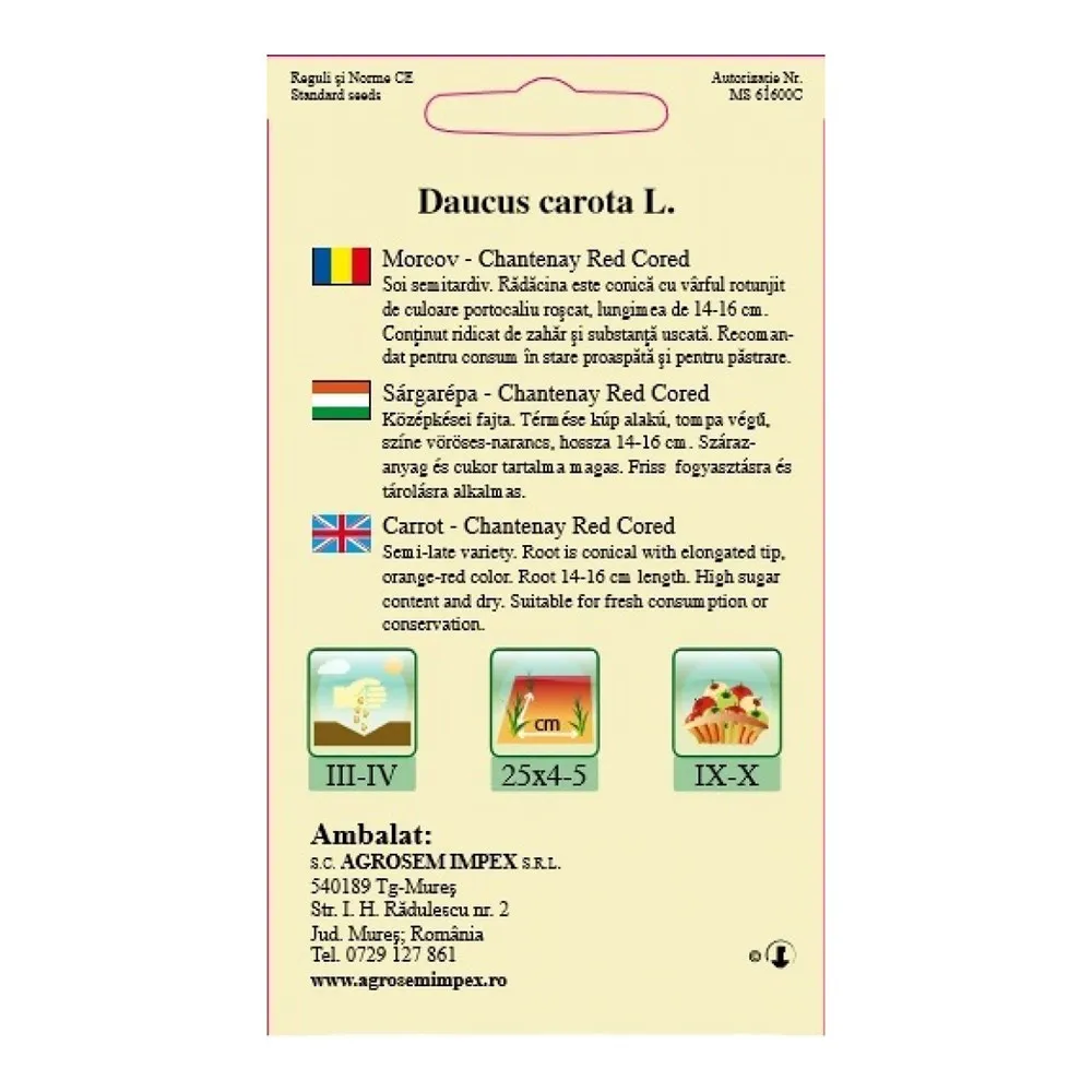 Seminte de morcov - Cantenary Red Cored, Agrosem 4Gr.