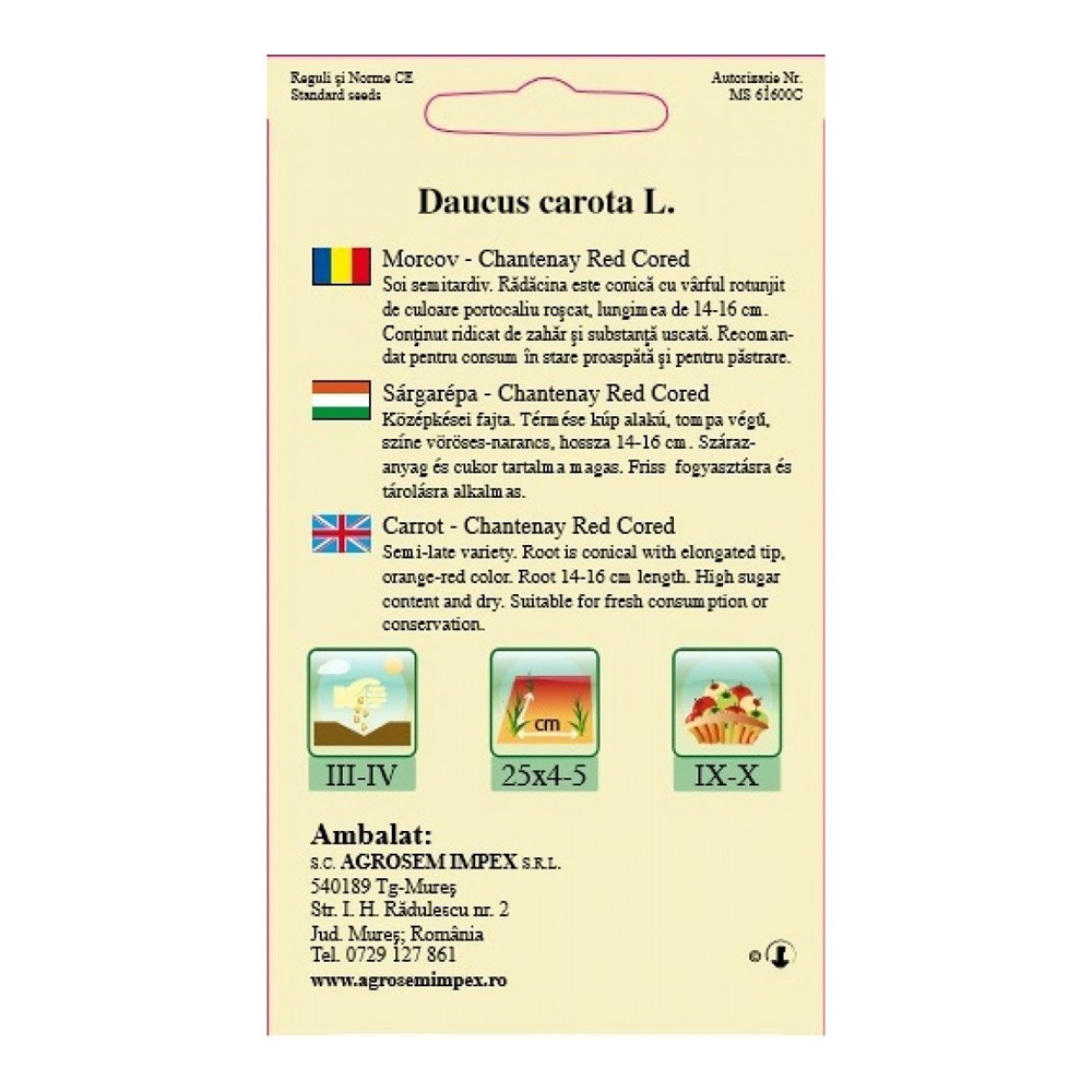 Seminte de morcov - Cantenary Red Cored, Agrosem 4Gr.