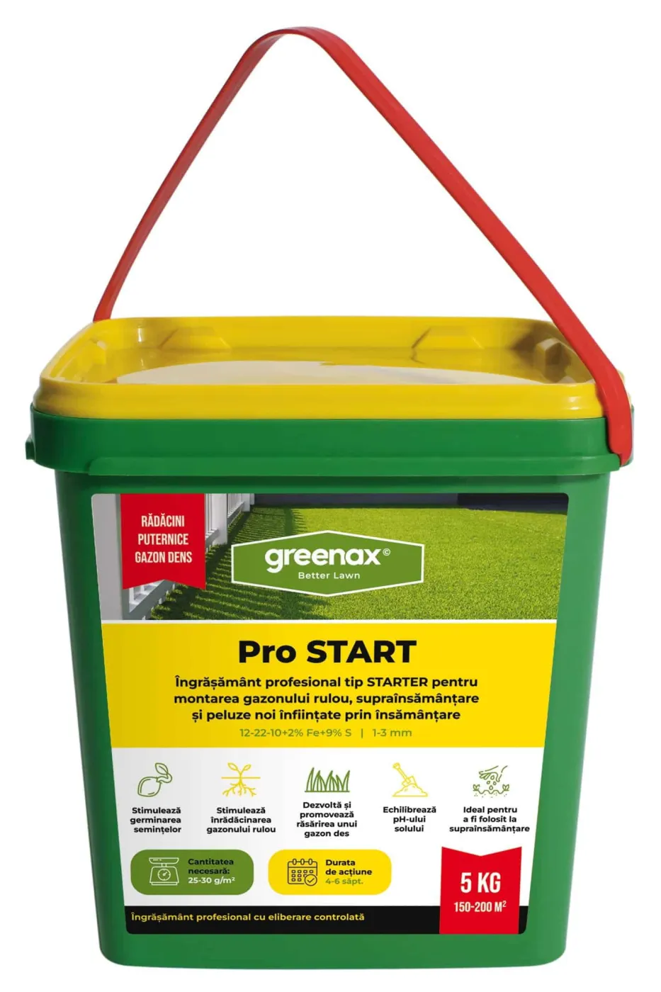 Îngrășământ profesional pentru gazon Greenax Pro START 12-22-10 + 2% Fe + 9% S (1–3 mm)